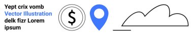 Dolar işareti madeni para, konum broşu, bulut çizgisi ve doğrusal metin. Ticari, finans, konum, bulut servis teknolojisi markalaştırma minimalizmi için idealdir. Basit iniş sayfası
