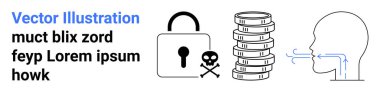 Kafatası ikonu, istiflenmiş paralar ve siber tehditleri, mahremiyeti ve veri güvenliğini gösteren oklarla kilitle. Siber güvenlik, hackleme önleme, finansal güvenlik, çevrimiçi güvenlik dijital
