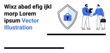 Kilitli bir güvenlik kalkanının yanında iki profesyonel el sıkışıyor. Güven, veri koruması ve ortaklığı temsil ediyor. İş güvenliği, anlaşmalar, mahremiyet, ortaklıklar, siber güvenlik için ideal