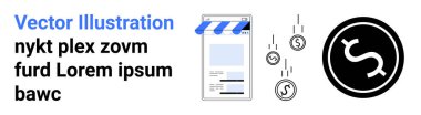 Akıllı telefon mağazası tasarımı, tenteli, bozuk paralar ve kalın dolar işareti. Çevrimiçi alışveriş, e-ticaret, finansal uygulamalar, mobil ödeme, dijital ekonomi, web tasarımı sade iniş sayfası