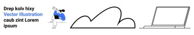 Teleskop kullanan bir kadın, basit bir bulut çizimi, minimal dizüstü çizim. Teknoloji, yaratıcılık, keşif, bulut hesaplama, eğitim, gözlem ve basit iniş sayfası için ideal