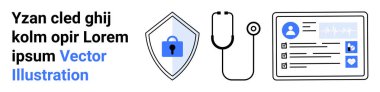 Kilitli tıbbi kalkan, steteskop ve hasta sağlık kayıtları. Sağlık güvenliği, tıbbi veri koruması, dijital sağlık hizmetleri, teletıp, siber güvenlik, hasta mahremiyeti sahanlığına iniş için ideal