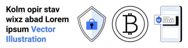 Kalkana kilitlenin, Bitcoin sembolü, cep telefonu ve güvenlik uyarısı. Kripto para birimi, engelleme zinciri, güvenlik, fintech, kimlik doğrulama, veri koruması düz iniş sayfası afişi için ideal