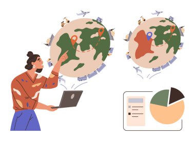 Dünya üzerindeki ulaşım yollarını uçak, iğne, belge ve pasta grafikleriyle analiz eden bir kadın. Eğitim, lojistik, seyahat, iş, veri coğrafi haritalama basit iniş sayfası için ideal