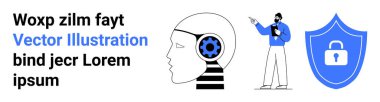 Teçhizatlı soyut insan kafası, profesyonel sunum verileri, kilitli mavi kalkan. Siber güvenlik, yapay zeka yeniliği, teknoloji dinamikleri, mahremiyet, eğitim, takım çalışması için ideal basit iniş sayfası