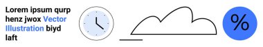 Pürüzsüz tasarımı olan saat, basit bulut çizgisi sanatı ve kalın yüzde sembolü. Zaman, hava, veri, minimalizm, analitik ve verimlilik için ideal basit bir iniş sayfası