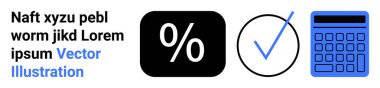 Yüzde simgesi, mavi kontrol işareti, ve matematik, finans analizi, bütçe, muhasebe, eğitim, fintech karar verme makinesi. Sunum uygulamaları, web siteleri ve basit iniş için ideal