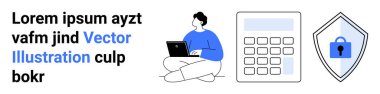 Laptop kullanıcısı bağdaş kurmuş, hesap makinesi ve güvenli kalkan finans, şifreleme, teknoloji, güvenlik, üretkenlik ve çevrimiçi korumayı sembolize ediyor. Fintech güvenlik ve düz iniş için ideal.