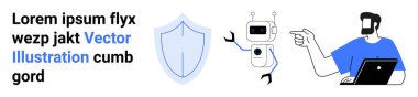 Laptop kullanan bir adam, kalkan sembolü, koruma ve teknolojiyi gösteren bir robot. AI, siber güvenlik, takım çalışması, yenilik, eğitim, uzaktan çalışma düz iniş sayfası afişi için ideal