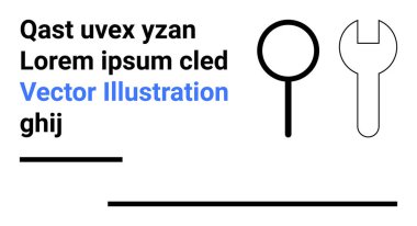 Büyüteç, ingiliz anahtarı ve siyah-mavi yer tutucu metni olan soyut tasarım. Teknoloji, mekanik, araştırma, araçlar, tipografi kavramları, eğitim ve basit iniş sayfaları için ideal