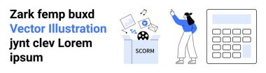 SCORM kutusu multimedya elementleri yayıyor, yukarı bakan kadın, büyük hesap makinesi. E- öğrenim, teknoloji, eğitim, sunum, veri analizi için ideal, yazılım sade iniş sayfası