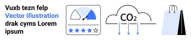 Derecelendirme metresi yıldızlı, CO2 bulutlu, aşağıya bakan oklar, alışveriş torbası. Performans ölçümleri, sürdürülebilirlik, perakende, çevre bilinci, değerlendirmeler, iklim değişikliği sade iniş sayfası için ideal