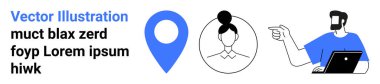 Dizüstü bilgisayarı olan bir erkek figürü, büyük mavi harita iğnesi ve minimum kadın avatar tasarımı. İletişim, navigasyon, takım çalışması, rehberlik, çevrimiçi hizmetler, kimlik düzlüğü iniş sayfası pankartı için ideal