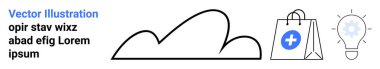 Bulut sembolü, tıbbi haçlı alışveriş çantası, parlayan ampul. Dijital yenilik, sağlık teknolojisi, çevrimiçi alışveriş, yaratıcılık, sürdürülebilirlik, yenilik kavramı için ideal basit iniş