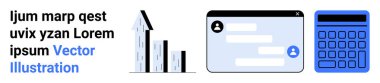 Yukarı doğru eğilimli bar tablosu, mesajlaşma arayüzü, hesap makinesi. Finans, iletişim, strateji, analitik, takım çalışması, eğitim için ideal basit iniş sayfası