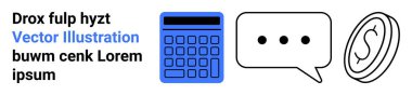 Saf mavi hesap makinesi, üç noktalı konuşma balonu ve dolar işareti çizimi olan para. Finans, tartışma, iletişim, bütçe, dijital araçlar, ekonomi sade iniş sayfası için ideal