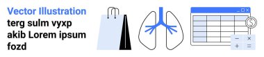 Alışveriş torbası perakendeciyi, akciğerler sağlığı ve hesap makinesiyle hesap tablosunu sembolize eder. Ticaret, ilaç, finans, araştırma, üretkenlik, iş sade iniş sayfası için ideal
