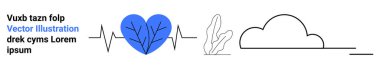 Kalp atışı çizgisi olan mavi damarlı kalp, minimalist bitki şekilleri ve bir bulut. Sağlık, doğa, çevre, tıbbi konsept, refah, sürdürülebilirlik kardiyolojisi için ideal