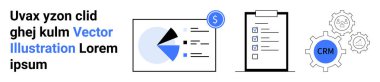 Bölümlü pasta grafiği, kontrol listesi tableti, CRM 'i çevreleyen dişli simgeleri. Analiz, üretkenlik, takım yönetimi, iş araçları, iş akışı, CRM sistemleri için ideal basit iniş sayfası