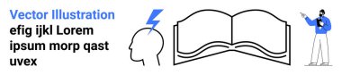 Eğitimci açık bir kitabı işaret ederek eğitim ve bilgiyi sembolize ediyor, fikirler için bir kafa ve şimşekle eşleştiriyor. Eğitim, öğrenim, yaratıcılık, beyin fırtınası, araştırma, bilgi için ideal