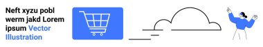 Mavi meydanın içinde alışveriş arabası, bulut şeklinde ve modern tarzda el kol hareketi yapan biri. E-ticaret, teknoloji, bulut hizmetleri, pazarlama, perakende, dijital dönüşüm için ideal basit iniş sayfası