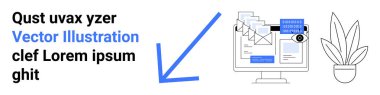 Belge dosyaları, mavi ok işaretli bilgisayar ekranı ve çömleğe bitki. Üretkenlik, iş akışı, organizasyon, veri yönetimi, teknoloji, eğitim sektörü sade iniş sayfası afişi için ideal