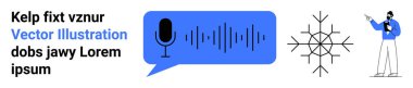 Veriye bakan erkek figürü, ses dalgası ve mikrofonlu konuşma balonu. İletişim, ses teknolojisi, podcast, öğrenme, eğitim, medya, basit iniş sayfası için ideal