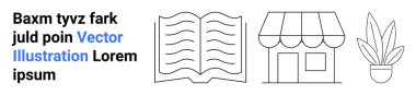 Minimalist açık kitap, küçük mağaza önü ve kalın metinlerle özetlenmiş siyah saksı bitkisi. Öğrenme, perakende, edebiyat, yaşam tarzı, iç tasarım, markalaşma ve düz iniş sayfası afişi için ideal