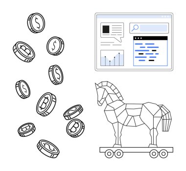 Sanal tehdit konsepti Truva atı ve internet sitesi yakınındaki paralar. Siber güvenlik, zararlı yazılım gösterileri, finansal riskler, online dolandırıcılık, teknolojik uyarı, kripto güvenliği için ideal.