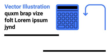 Mavi hesap makinesi ve ok, yer tutucu metni ile hesaplama ya da akış sürecini ima ediyor. Finans, eğitim, muhasebe, bütçe, iş analizleri, iş akışı optimizasyonu ve basit