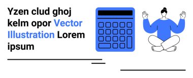 Nilüfer duruşu yapan meditasyon yapan bir insanın yanında üretkenlik ve farkındalığı birleştiren bir hesap makinesi. Finans, meditasyon, ruh hali dengesi, iş hayatı uyumu, stres yönetimi, üretkenlik uygulamaları için ideal