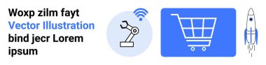 Kablosuz sinyali, alışveriş arabası ve roketli robot kolu. Otomasyon, teknoloji, yenilik, e-ticaret, uzay keşfi, dijital dönüşüm için ideal basit iniş sayfası