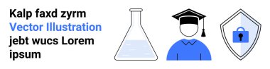 Sıvı ile laboratuvar şişesi, kapaklı mezuniyet simgesi ve güvenlik kalkanı eğitimi, araştırmayı, bilimi, korumayı, güvenliği, öğrenci yaşamını ve siber güvenlik indirme sayfası afişini vurguluyor