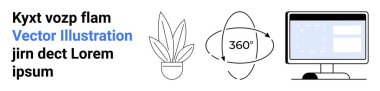 Okların yanında saksı bitkisi 360 derecelik bir dönüş sembolü ve arayüz elementleriyle bir masaüstü monitörü oluşturur. Teknoloji, dijital araçlar, çevresel temalar, e-öğrenme, kullanıcı arayüzü için ideal