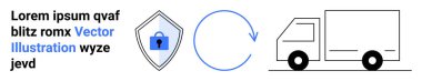 Kilitli kalkan asma kilit, dairesel ok işlem akışını sembolize ediyor ve teslimat kamyonu. Lojistik, güvenlik, dağıtım hizmetleri, tedarik zinciri, koruma, e-ticaret düz iniş sayfası için ideal