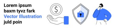 El ele tutuşan para, kilidi olan kalkan güvenliği sembolize eden, sıradan giyinen düşünceli kişi. Finans, güvenlik, yatırım, risk yönetimi, sigorta, fintech düz iniş sayfası afişi için ideal