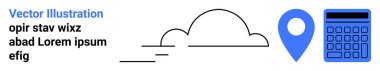 Basit çizgileri, mavi lokasyonu ve hesap makinesi olan bir bulut. Teknoloji, seyahat, iş, lojistik, navigasyon, eğitim için ideal basit iniş sayfası