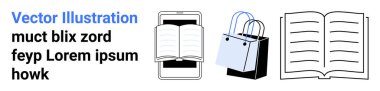 Akıllı telefon ekranı, fiziksel alışveriş torbaları ve okuma, öğrenme, çevrimiçi ve çevrimdışı alışverişi temsil eden açık bir kitap. Eğitim, e-ticaret, yayıncılık ve perakende için ideal