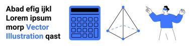 Hesap makinesi, noktalı çizgileri olan piramit figürü, VR kullanan kişi ve yer tutucu metin. Eğitim, teknoloji, matematik, VR çözümleri, geometri araçları için ideal basit iniş sayfası