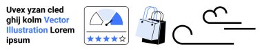 Değerlendirme göstergesi, beş yıldızlı inceleme sistemi, alışveriş torbaları ve minimalist bulut grafikleri. E-ticaret, alışveriş, müşteri geribildirimi, değerlendirmeler, çevrimiçi iş ürünü kalitesinde düz iniş sayfası için ideal