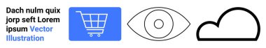 Mavi alışveriş arabası, çizilmiş göz, siyah bulut ikonu. Çevrimiçi alışveriş, veri güvenliği, bulut depolama, teknoloji kavramları, görüş bakımı, yenilik ve basit bir iniş sayfası için ideal