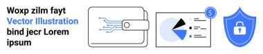 Elektronik devreli cüzdan, para birimi sembollü analitik çizelge ve güvenliği temsil eden kalkan ikonu. Fintech, bütçe, analiz, siber güvenlik, koruma ve finans için ideal