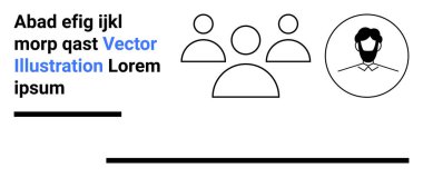 Kullanıcı avatarı üç grup simgesi, soyut satırlar ve takım çalışması, işbirliği, kullanıcı profilleri, sosyal ağ, eğitim, iletişim ve basit iniş sayfası için ideal yer tutucu metni ile eşleştirildi