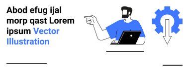 Dizüstü bilgisayarı dişliyi ve aşağı ok simgesini gösteren bir adam. Teknoloji, iş akışı, üretkenlik, yazılım, geliştirme, yenilik, işbirliği, düz iniş sayfası afişi için ideal