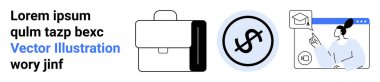 İş çantası, dairesel rozetin içinde para birimi sembolü ve online eğitim ekranını gösteren bir kadın. İş, finans, eğitim, girişimler, e-öğrenim, profesyonellik için ideal
