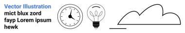 Minimum saat, ampul ve soyut bulut çizgisi. Zaman yönetimi, fikirler, yenilik, enerji, yaratıcılık, teknoloji sade iniş sayfası için ideal