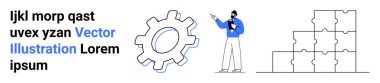 Teknisyenleri temsil eden dişli, analizleri sunan insan ve çözümleri sembolize eden bulmaca yığını. Takım çalışması, strateji, yenilik, planlama, süreç, işbirliği için ideal basit bir iniş sayfası