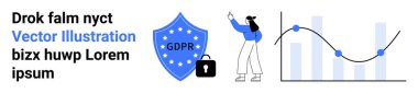 GDPR kalkanı, güvenli kilit, veri tablosu ve analizi işaret eden kişi. Siber güvenlik, uyum, mahremiyet, veri koruması, düzenleme, veri analizi için ideal basit bir iniş sayfası