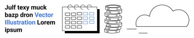 İşaretli tarihli takvim, madeni paraları sembolize eden para yığınları ve depolama veya teknoloji için bir bulut. Planlama, bütçe hesaplama, bulut hesaplama, işletme, finans yönetimi, strateji basit