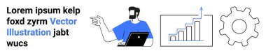 Çizelgeye bakan dizüstü bilgisayarı olan bir adam, yukarı doğru ok atan bir çubuk grafiği olan, büyümeyi simgeleyen ve ayarlar için teçhizatı olan bir adam. İş için ideal, analitik, strateji, iş akışı, takım çalışması, düz iniş sayfası koçluğu